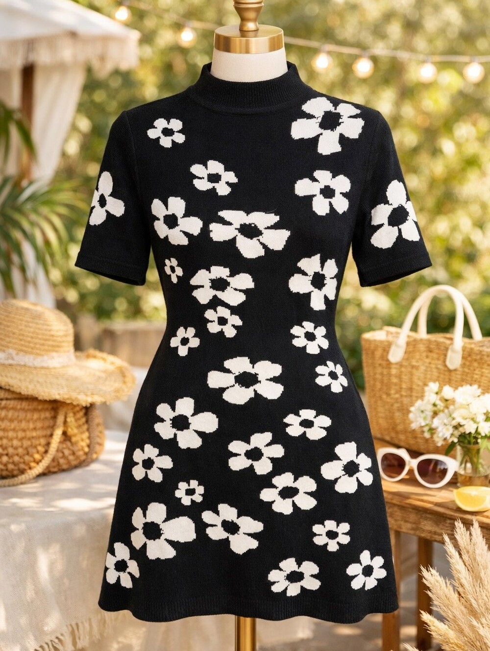 SCOOP Black & White Floral Knit Dress